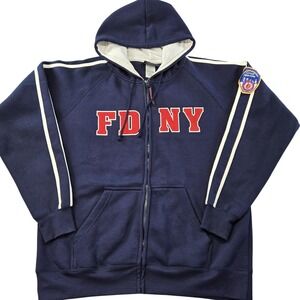 FDNY Hoodie Mens L Blue Full Zip Hooded Pockets Heavyweight Embroidered Logo